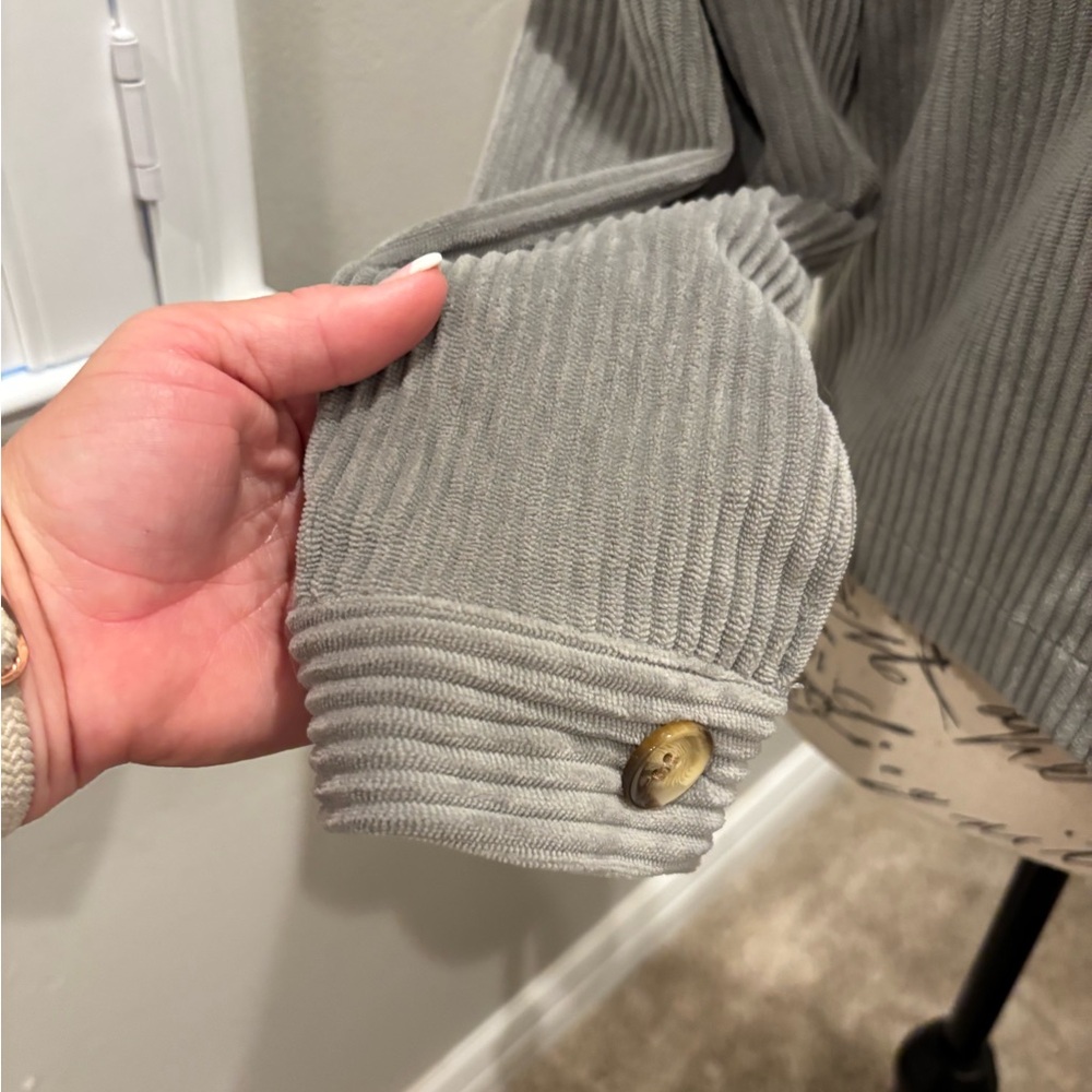 Gray Ribbed Button-Front Jacket with Chest Pockets - Picture 3 of 6
